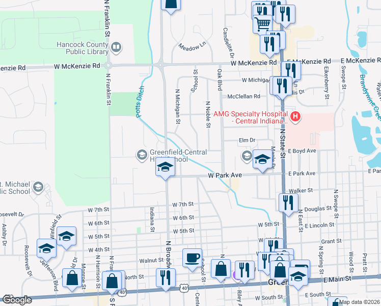 map of restaurants, bars, coffee shops, grocery stores, and more near 607 West Boyd Avenue in Greenfield