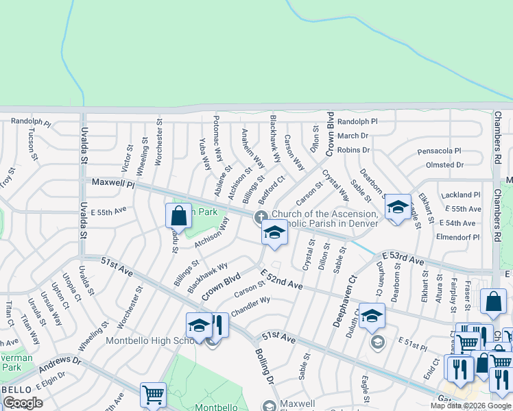 map of restaurants, bars, coffee shops, grocery stores, and more near 5533 Bedford Court in Denver