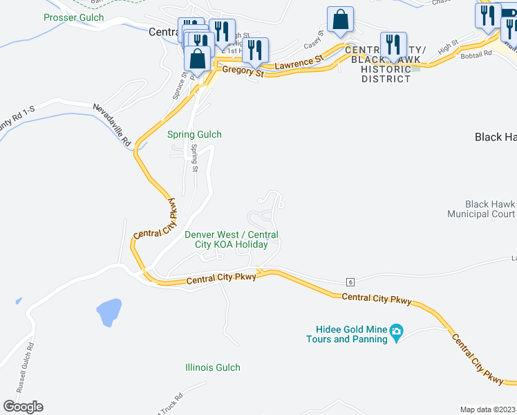 map of restaurants, bars, coffee shops, grocery stores, and more near 435 Powder Run Drive in Central City