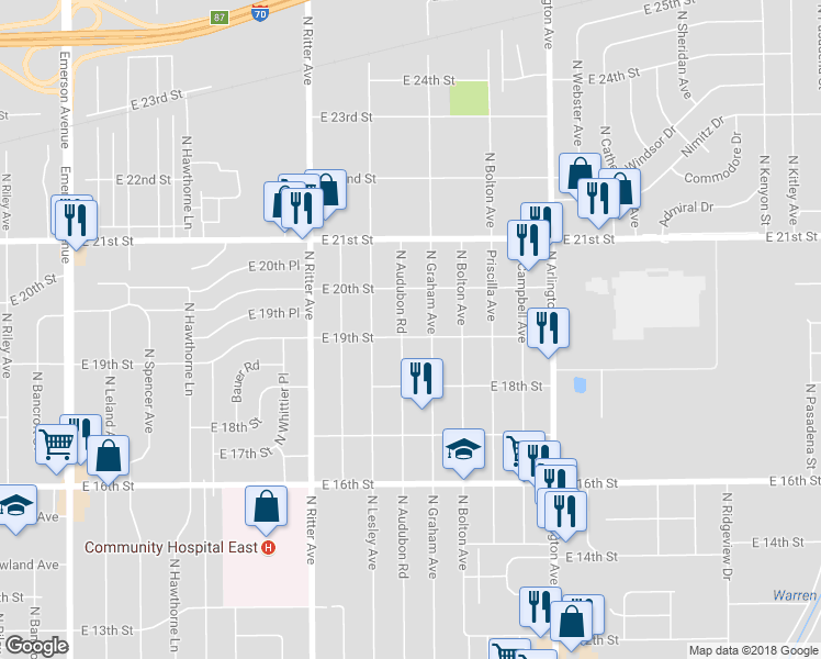 map of restaurants, bars, coffee shops, grocery stores, and more near 5730 E 19th St in Indianapolis