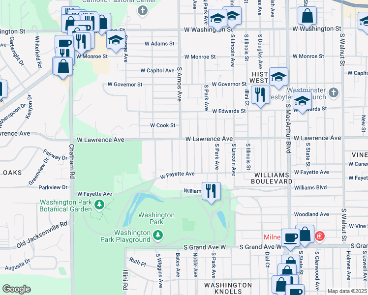 map of restaurants, bars, coffee shops, grocery stores, and more near 817 Loraine Avenue in Springfield