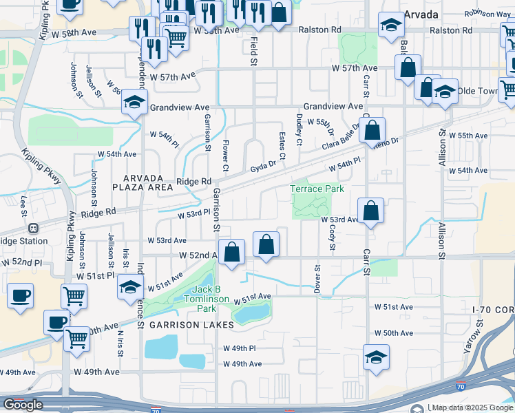map of restaurants, bars, coffee shops, grocery stores, and more near 5353 Field Street in Arvada