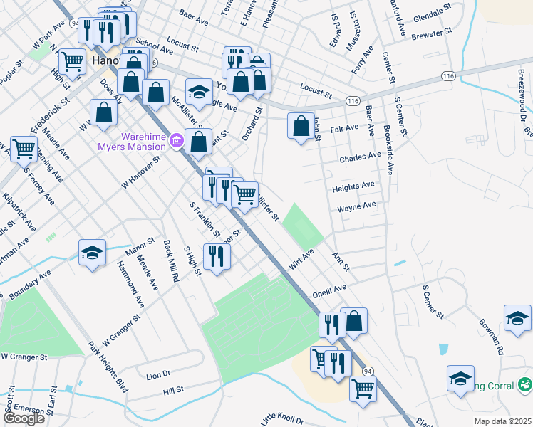 map of restaurants, bars, coffee shops, grocery stores, and more near 549 McAllister Street in Hanover
