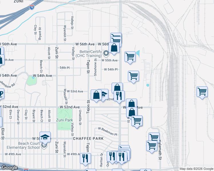 map of restaurants, bars, coffee shops, grocery stores, and more near 5340 Raritan Street in Denver