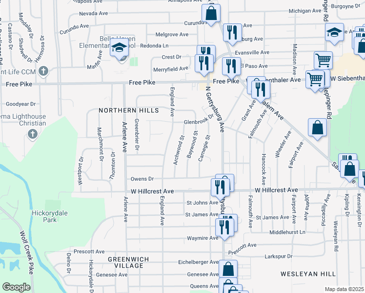map of restaurants, bars, coffee shops, grocery stores, and more near 2512 Archwood Street in Dayton