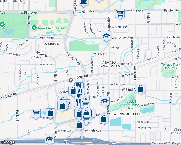 map of restaurants, bars, coffee shops, grocery stores, and more near 5305 Johnson St in Arvada