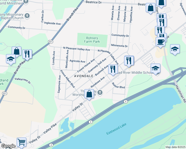 map of restaurants, bars, coffee shops, grocery stores, and more near 2423 Bushnell Avenue in Dayton