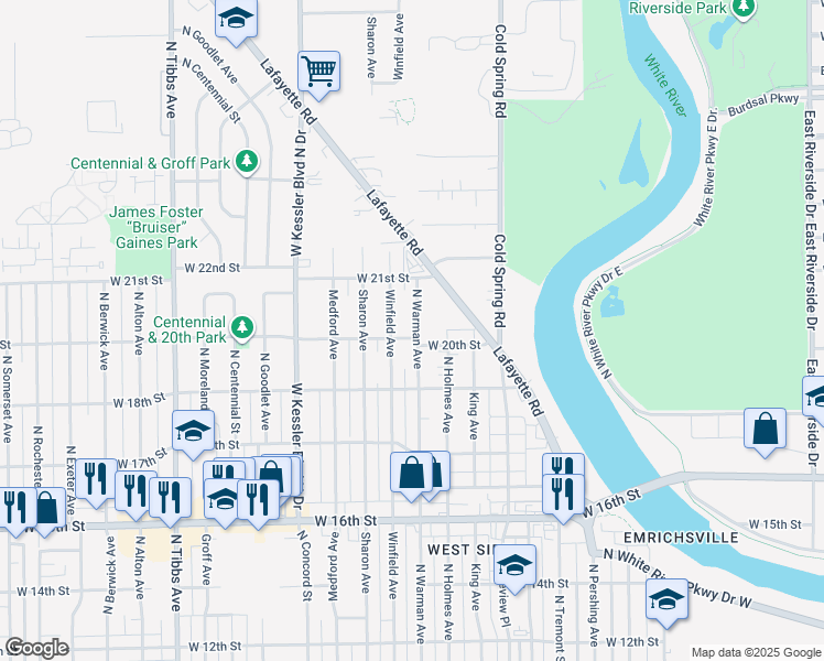map of restaurants, bars, coffee shops, grocery stores, and more near 2804 West 20th Street in Indianapolis