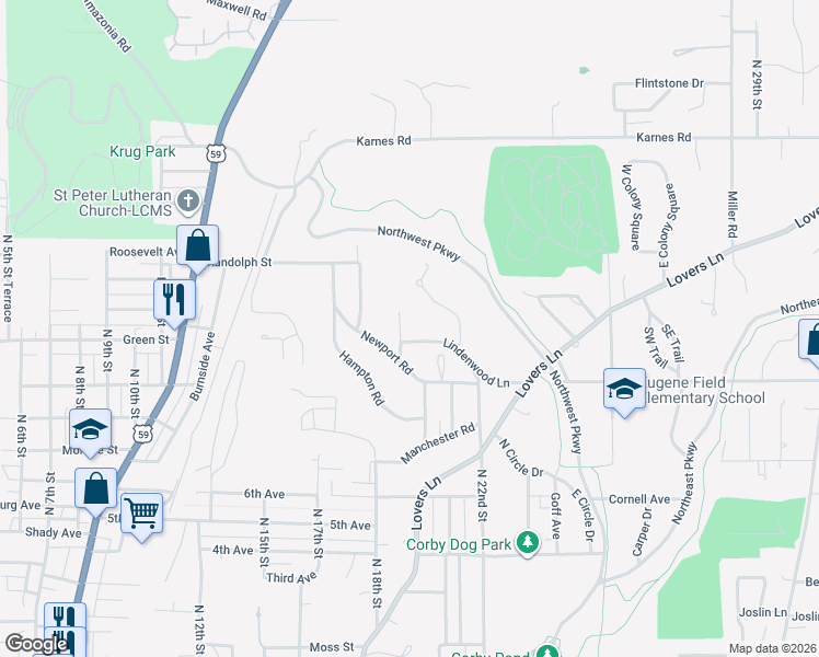 map of restaurants, bars, coffee shops, grocery stores, and more near 3213 Coronado Street in Saint Joseph