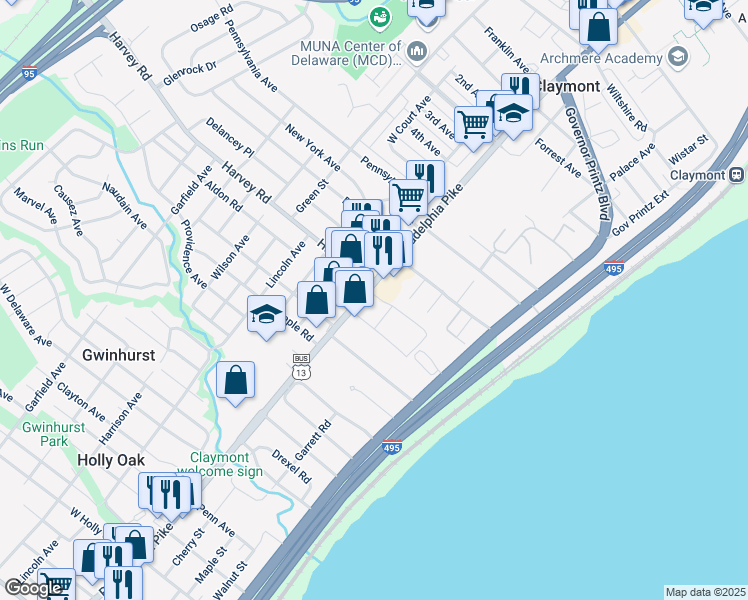 map of restaurants, bars, coffee shops, grocery stores, and more near 2616 Philadelphia Pike in Claymont