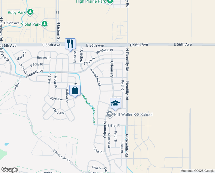 map of restaurants, bars, coffee shops, grocery stores, and more near 21436 53rd Place in Denver