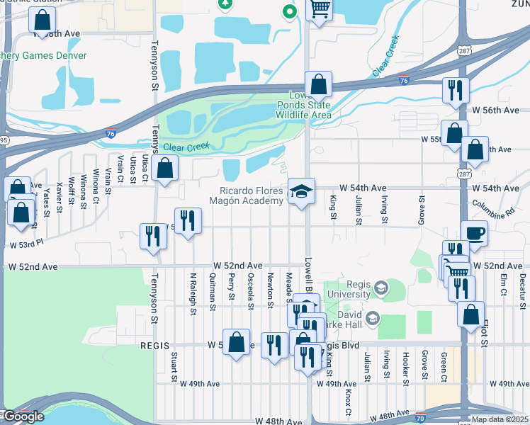 map of restaurants, bars, coffee shops, grocery stores, and more near 5337 Newton Street in Denver