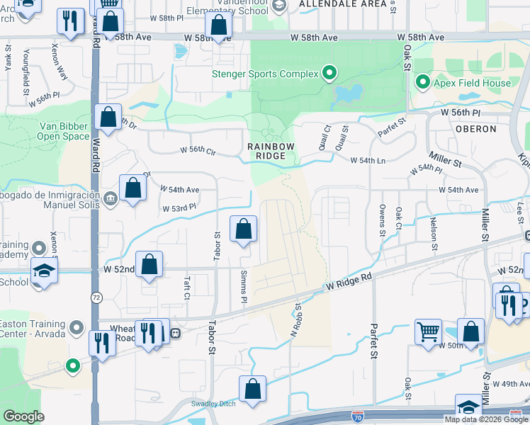 map of restaurants, bars, coffee shops, grocery stores, and more near 11766 West 53rd Place in Arvada
