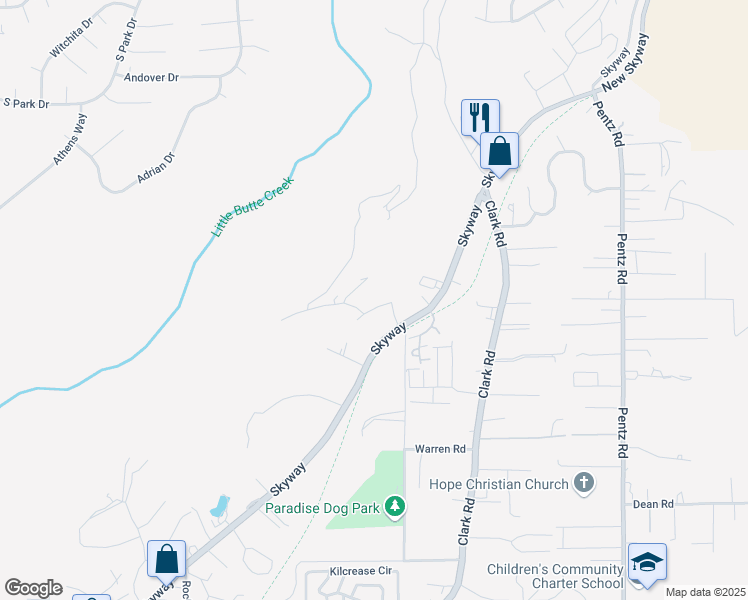 map of restaurants, bars, coffee shops, grocery stores, and more near 1437 Lofty Lane in Paradise