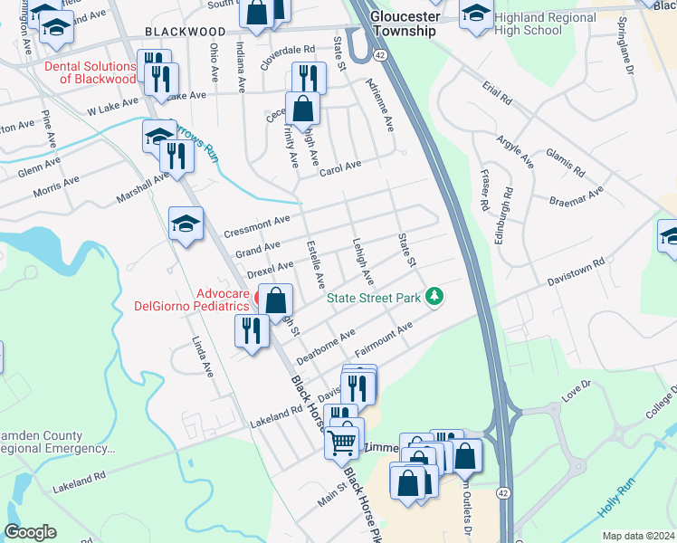 map of restaurants, bars, coffee shops, grocery stores, and more near 524 Mathews Avenue in Camden County