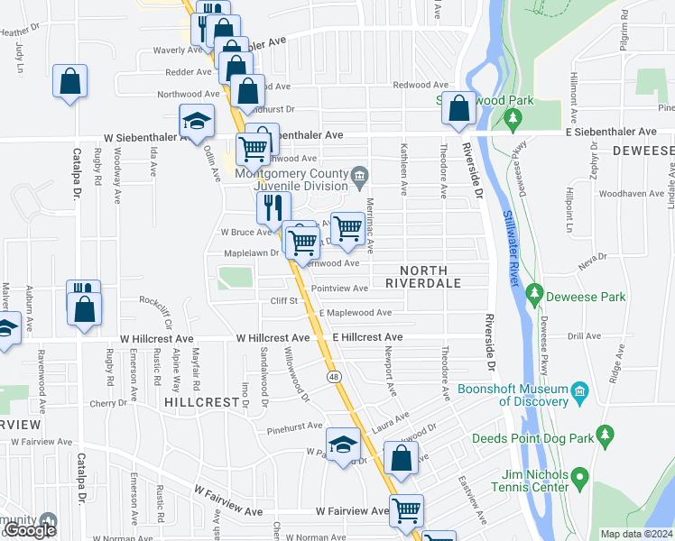 map of restaurants, bars, coffee shops, grocery stores, and more near 73 Fernwood Avenue in Dayton
