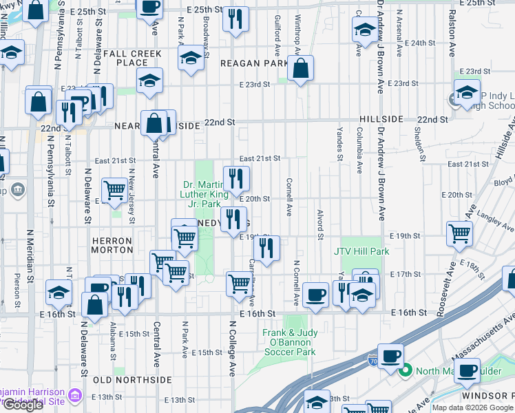map of restaurants, bars, coffee shops, grocery stores, and more near 1947 Carrollton Avenue in Indianapolis