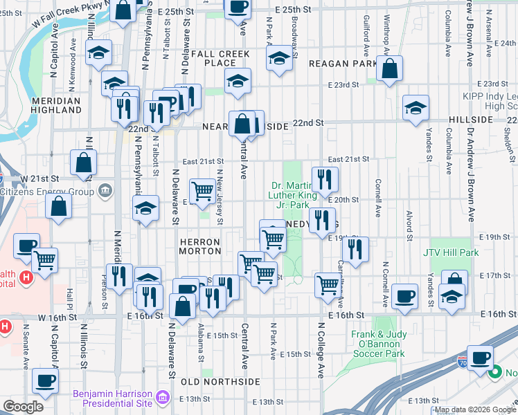 map of restaurants, bars, coffee shops, grocery stores, and more near 1951 Ruckle Street in Indianapolis