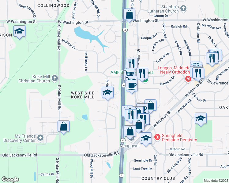 map of restaurants, bars, coffee shops, grocery stores, and more near 2807 Monmouth Court in Springfield