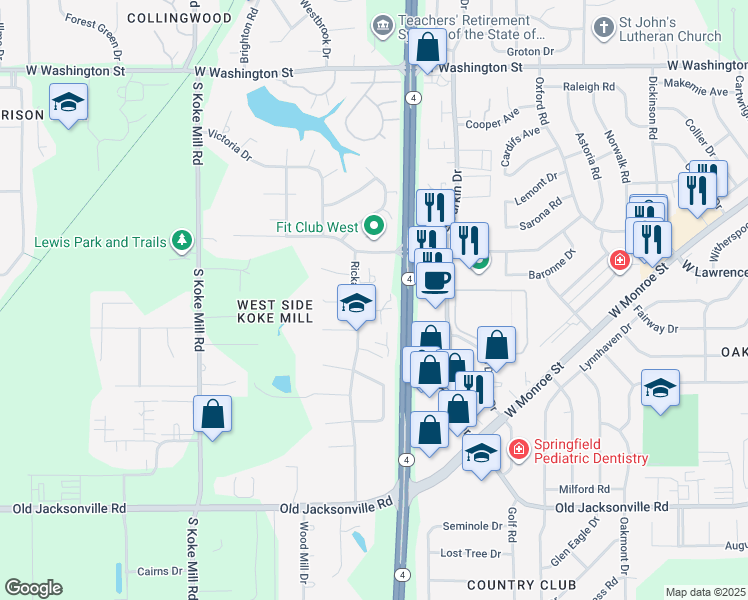 map of restaurants, bars, coffee shops, grocery stores, and more near 2807 Monmouth Court in Springfield