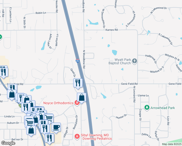 map of restaurants, bars, coffee shops, grocery stores, and more near 4009 Gene Field Road in Saint Joseph