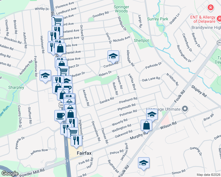 map of restaurants, bars, coffee shops, grocery stores, and more near 2211 Foote Road in Wilmington