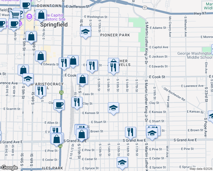 map of restaurants, bars, coffee shops, grocery stores, and more near 801 South 14th Street in Springfield