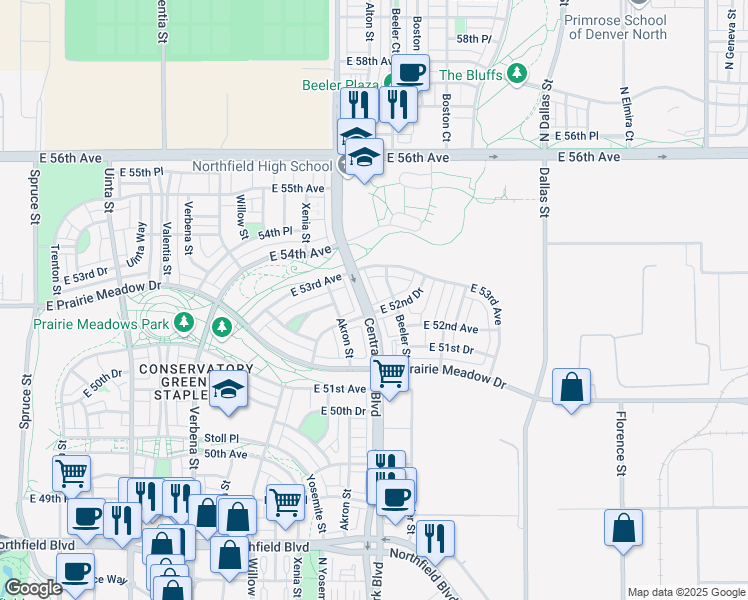 map of restaurants, bars, coffee shops, grocery stores, and more near 5264 Central Park Boulevard in Denver