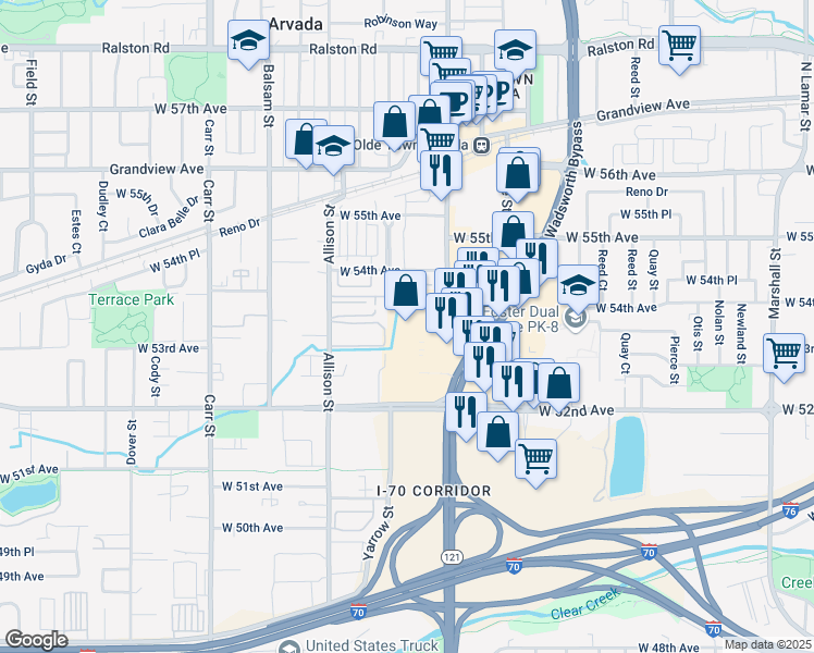 map of restaurants, bars, coffee shops, grocery stores, and more near 5275 Wadsworth Bypass in Arvada