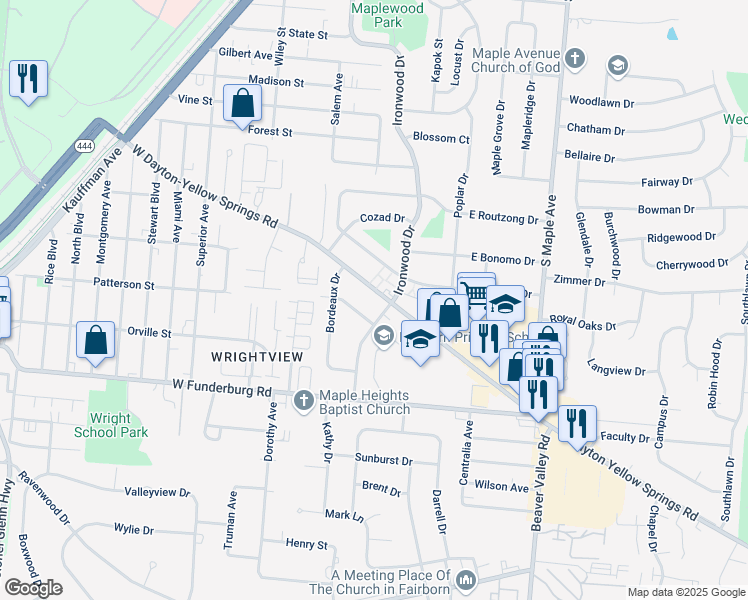 map of restaurants, bars, coffee shops, grocery stores, and more near 112 West Dayton-Yellow Springs Road in Fairborn