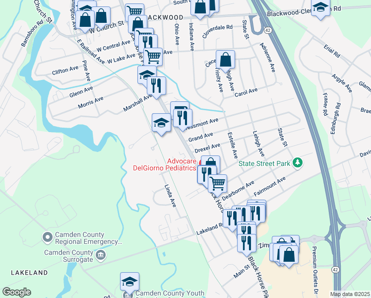 map of restaurants, bars, coffee shops, grocery stores, and more near 486 South Black Horse Pike in Camden County