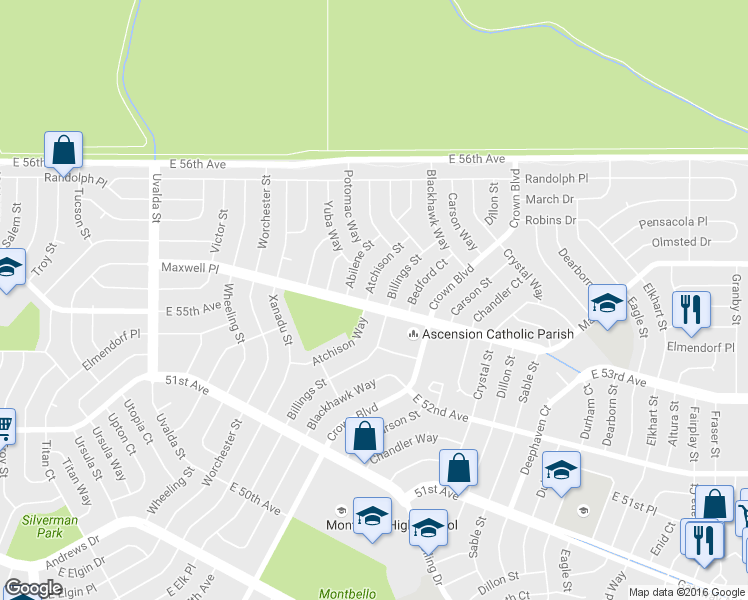 map of restaurants, bars, coffee shops, grocery stores, and more near 5532 Atchison Street in Denver