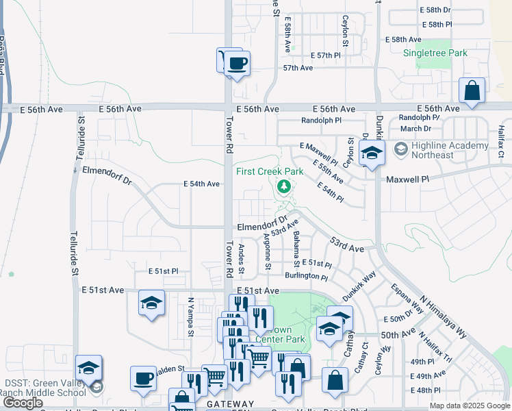 map of restaurants, bars, coffee shops, grocery stores, and more near 18678 East 54th Avenue in Denver