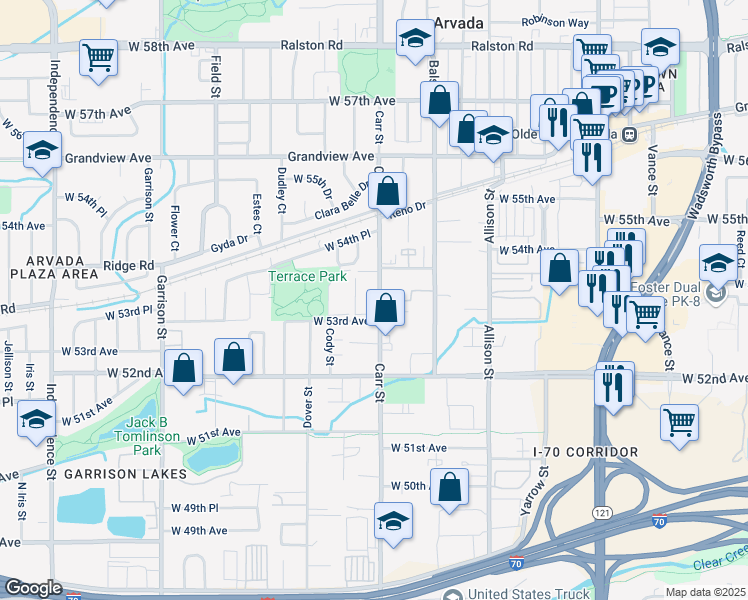 map of restaurants, bars, coffee shops, grocery stores, and more near 5363 Carr Street in Arvada