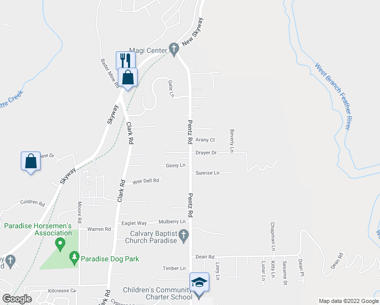 map of restaurants, bars, coffee shops, grocery stores, and more near 7131 Pentz Road in Paradise