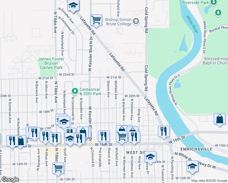 map of restaurants, bars, coffee shops, grocery stores, and more near 2006 Winfield Avenue in Indianapolis