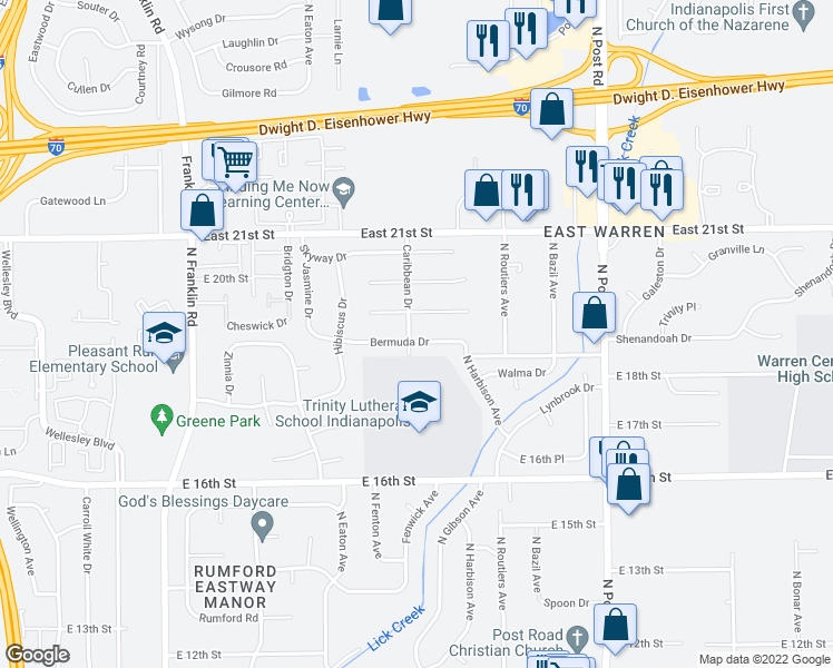 map of restaurants, bars, coffee shops, grocery stores, and more near 1823 Caribbean Drive in Indianapolis