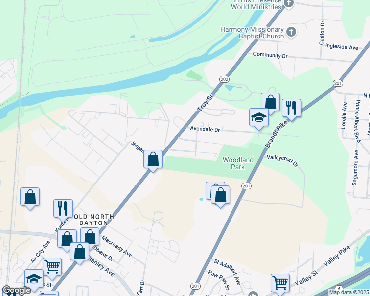 map of restaurants, bars, coffee shops, grocery stores, and more near 25 Woodsdale Rd in Dayton