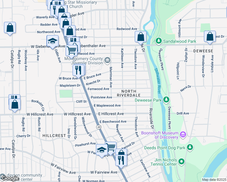 map of restaurants, bars, coffee shops, grocery stores, and more near 104 Fernwood Avenue in Dayton