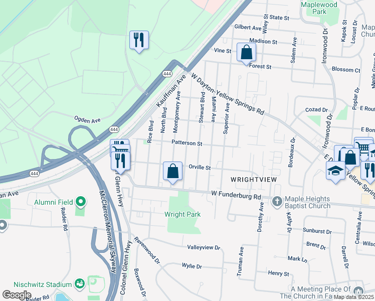 map of restaurants, bars, coffee shops, grocery stores, and more near 1812 Wilbur Avenue in Fairborn