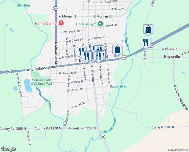 map of restaurants, bars, coffee shops, grocery stores, and more near 135 Indiana 140 in Knightstown