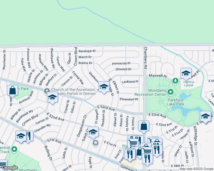 map of restaurants, bars, coffee shops, grocery stores, and more near 5495 Eagle Street in Denver