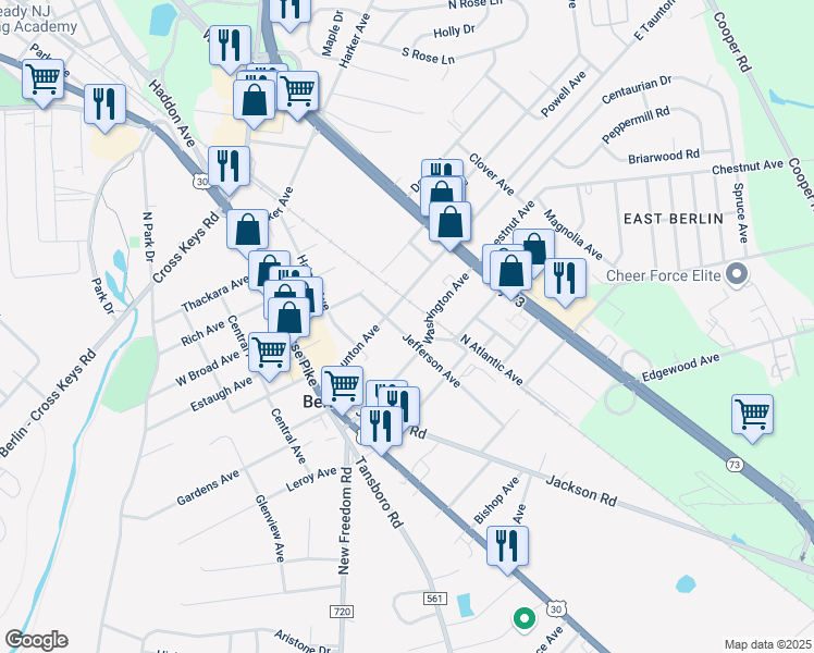 map of restaurants, bars, coffee shops, grocery stores, and more near 13 Jefferson Avenue in Berlin