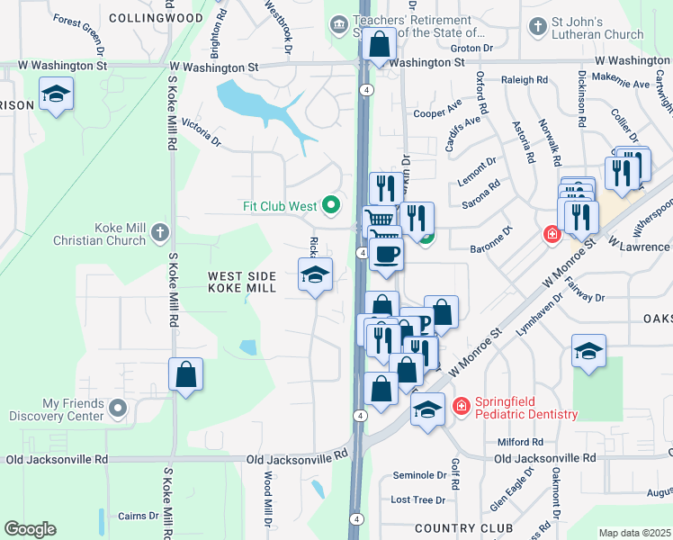 map of restaurants, bars, coffee shops, grocery stores, and more near 2807 Monmouth Court in Springfield