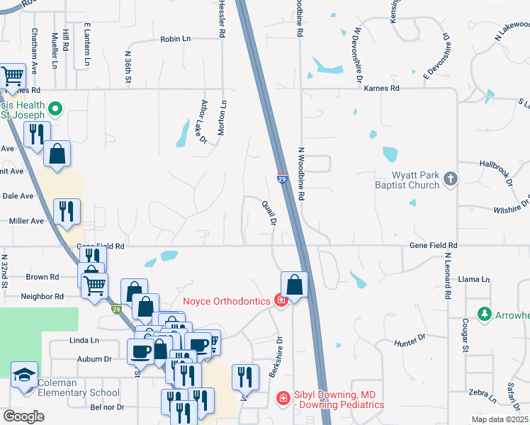 map of restaurants, bars, coffee shops, grocery stores, and more near 2806 Quail Drive in Saint Joseph