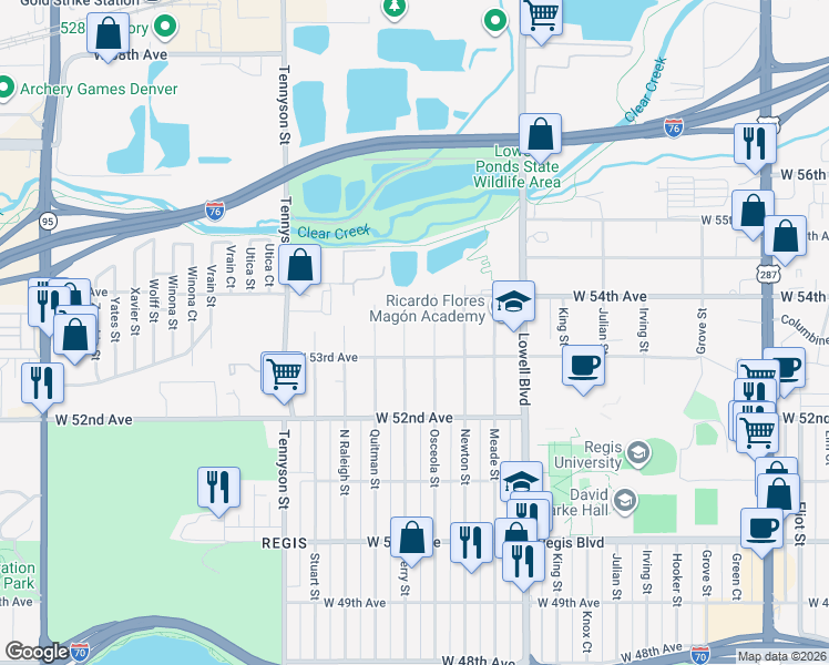 map of restaurants, bars, coffee shops, grocery stores, and more near 5340 Perry Street in Denver