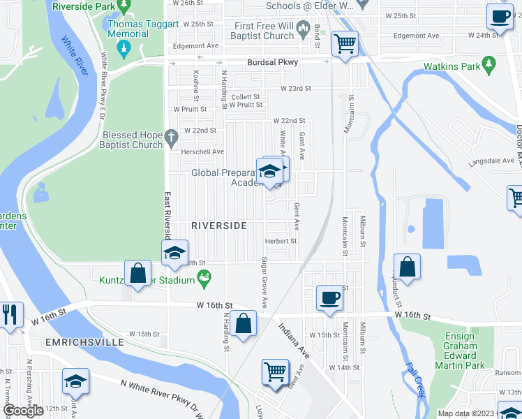 map of restaurants, bars, coffee shops, grocery stores, and more near 1918 Sugar Grove Avenue in Indianapolis