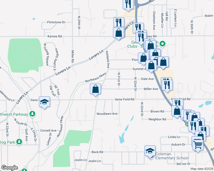 map of restaurants, bars, coffee shops, grocery stores, and more near 3007 Miller Avenue in Saint Joseph