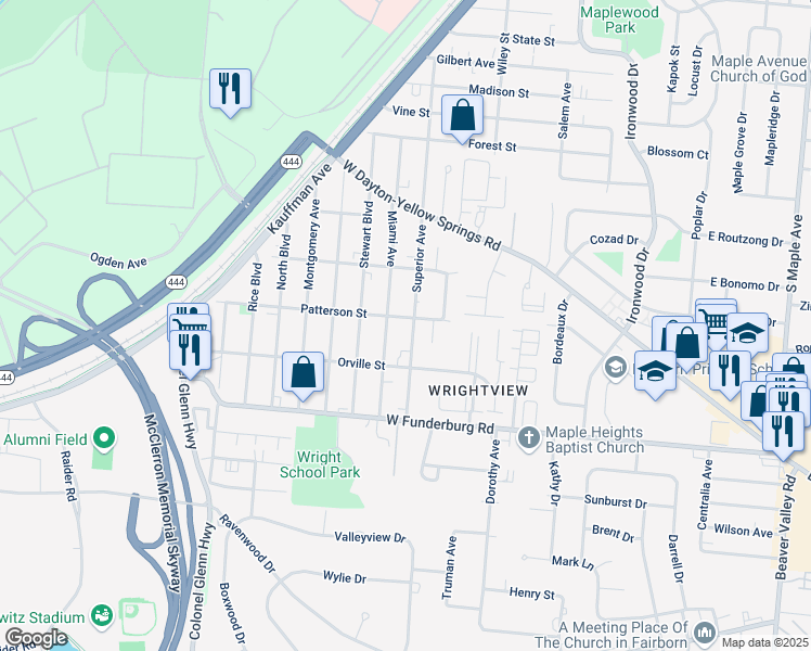 map of restaurants, bars, coffee shops, grocery stores, and more near 1809 Superior Avenue in Fairborn