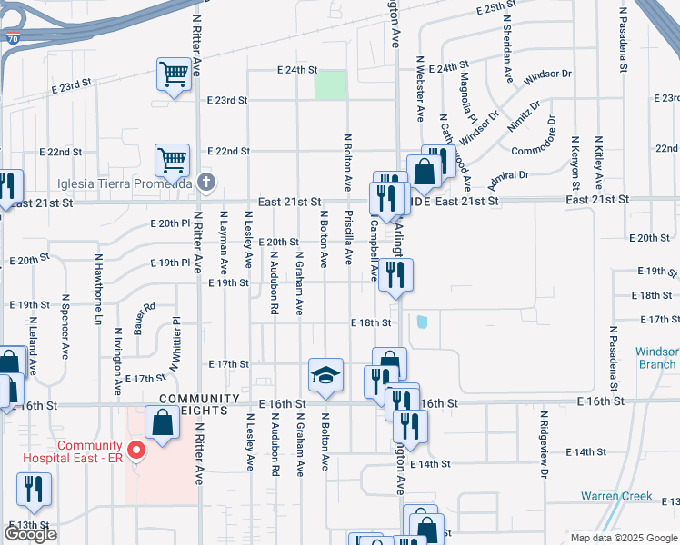 map of restaurants, bars, coffee shops, grocery stores, and more near 5826 East 19th Street in Indianapolis